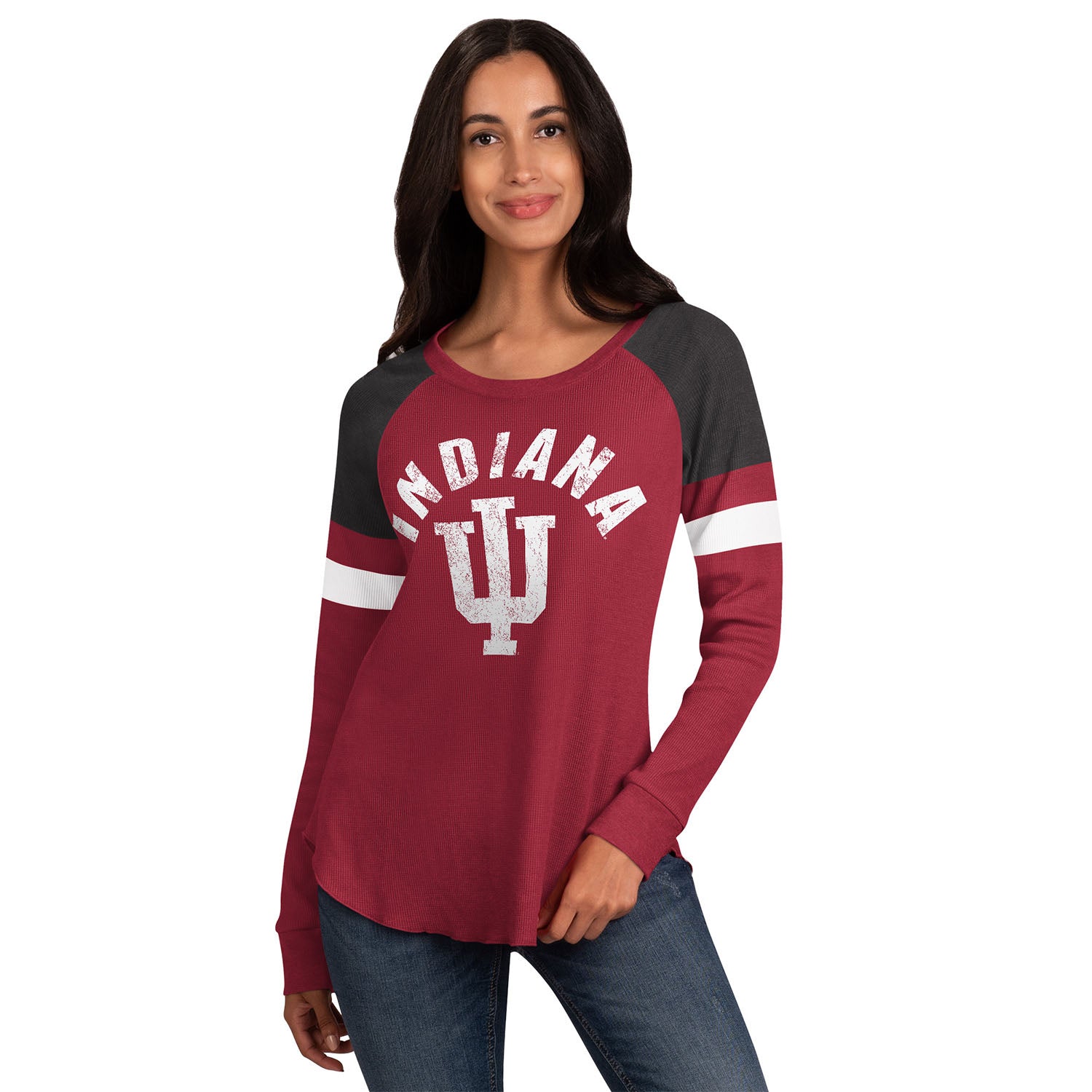 Ladies Indiana Hoosiers Triple Play Long Sleeve in Crimson - Front View