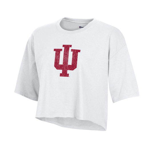 Ladies Indiana Hoosiers Primary Logo Cropped Tee in White - Front View