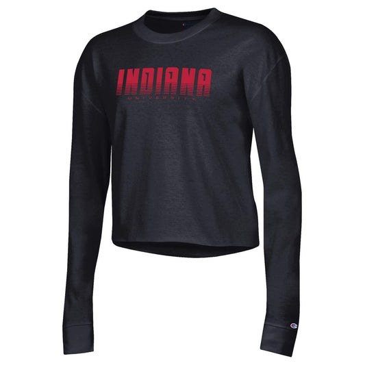 Ladies Indiana Hoosiers Faded Wordmark Boyfriend Crop Long Sleeve in Black - Front View
