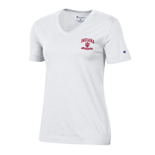 Ladies Indiana Hoosiers Arch Logo V-Neck Shirt in White - Front View