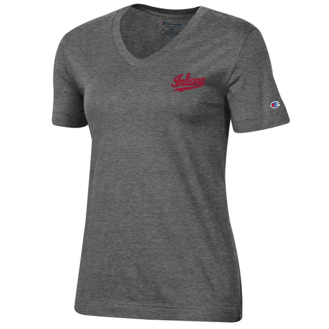 Ladies Indiana Hoosiers Script Logo V-Neck Shirt in Grey - Front View