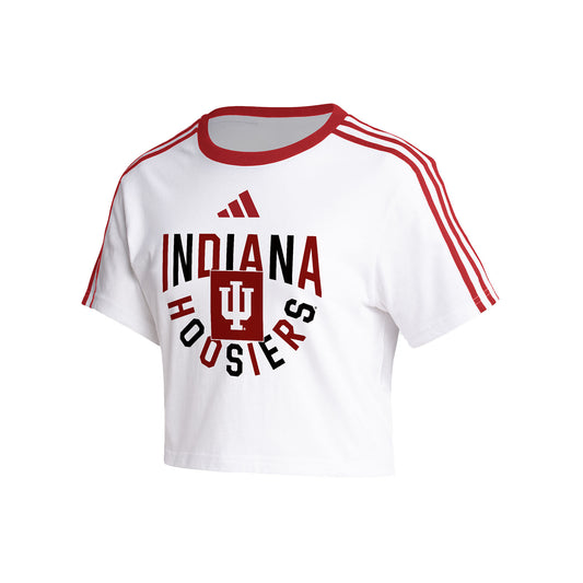 Ladies Indiana Hoosiers Adidas Crop Ringer Stripe T-Shirt in White - Front View