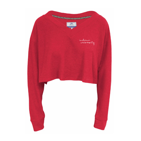 Ladies Indiana Hoosiers Cozy Fleece V-Neck Cropped Long Sleeve in Crimson - Front View