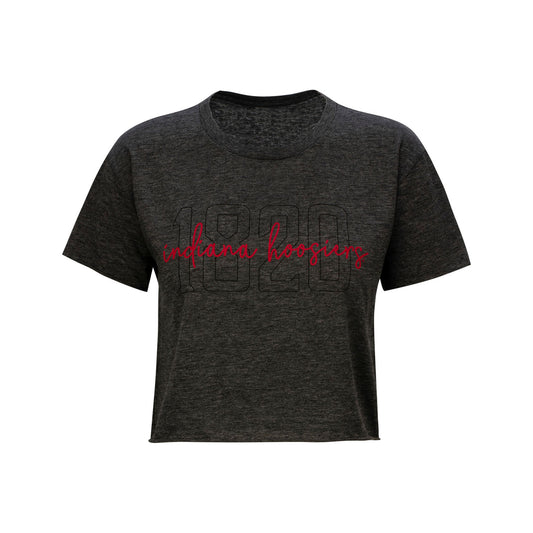 Ladies Indiana Hoosiers Jade Crop Crew Charcoal T-Shirt - Front View