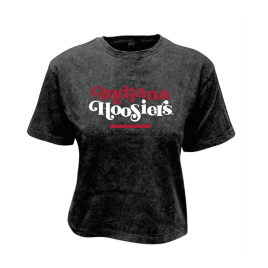 Ladies Indiana Hoosiers Kelsey Mineral Wash Crop T-Shirt in Black - Front View