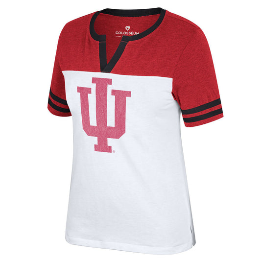 Ladies Indiana Hoosiers Glitter Split Neck T-Shirt in White and Crimson - Front View