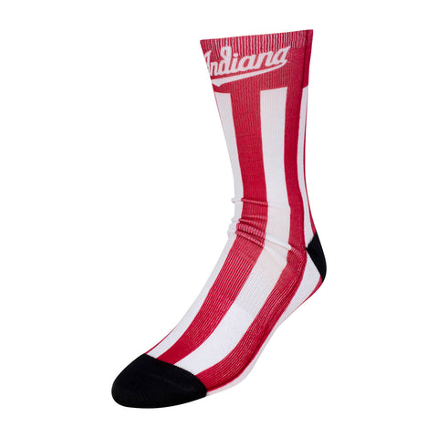 Indiana Hoosiers Candy Stripe Crew Socks in Crimson and White - Front/Side View
