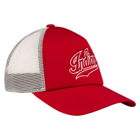 Indiana Hoosiers Adidas Script Indiana Foam Trucker Adjustable Hat in Crimson - Front/Side View