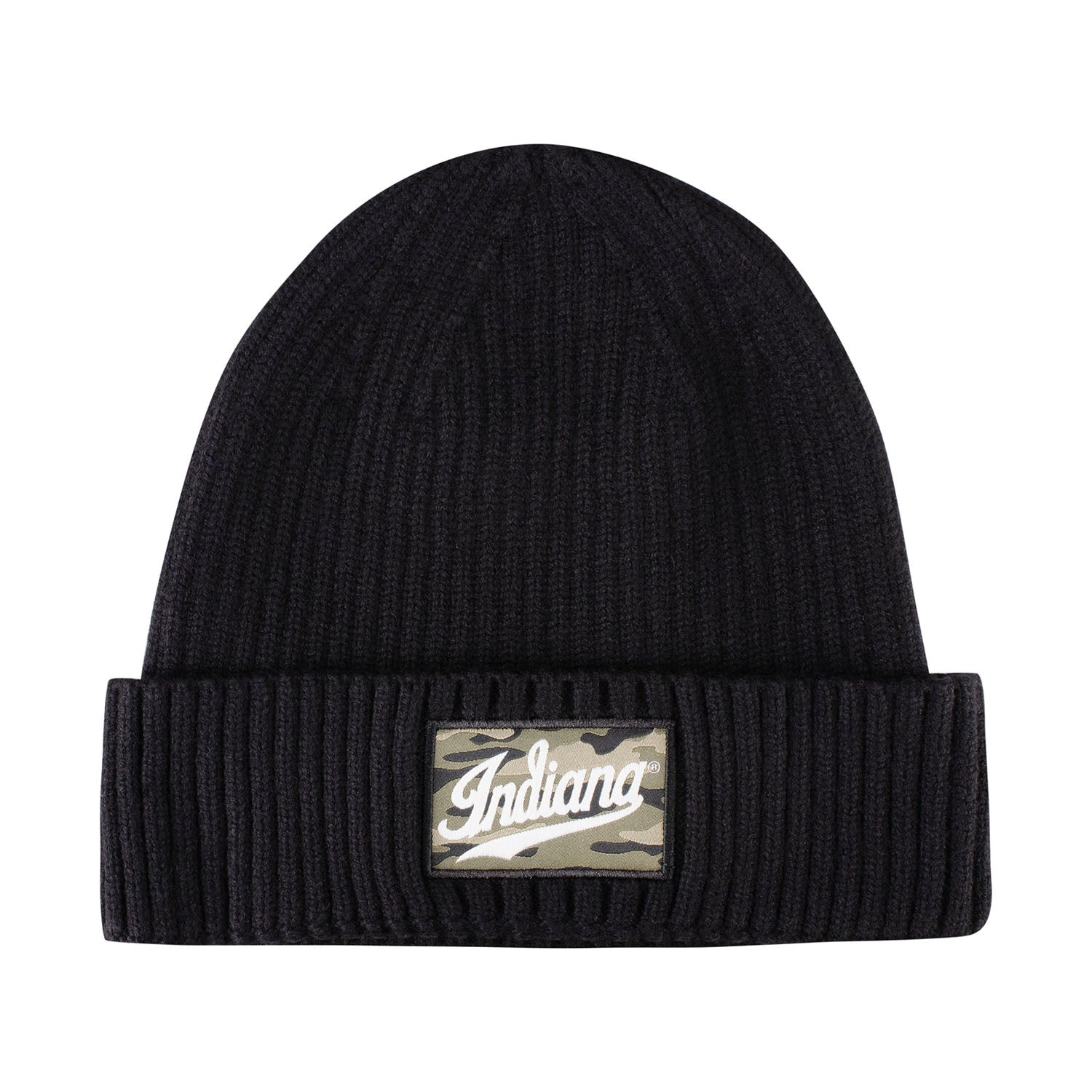 Indiana Hoosiers Adidas Script Indiana Camo Patch Knit Hat in Black - Front View