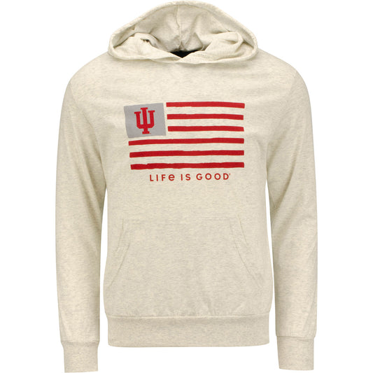 Indiana Hoosiers Life is Good Flag Hooded Long Sleeve T-Shirt in Oatmeal - Front View